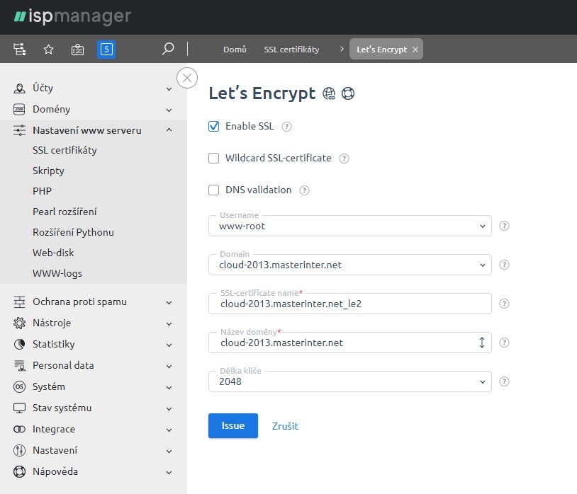 Screenshot: vytvoření Let's Encrypt certifikátu v ISPmanageru