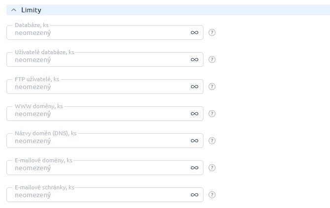 Sekce "Limity" v ovládacím panelu ISPmanager