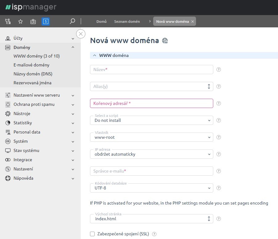 Screenshot: vytvoření nové www domény
