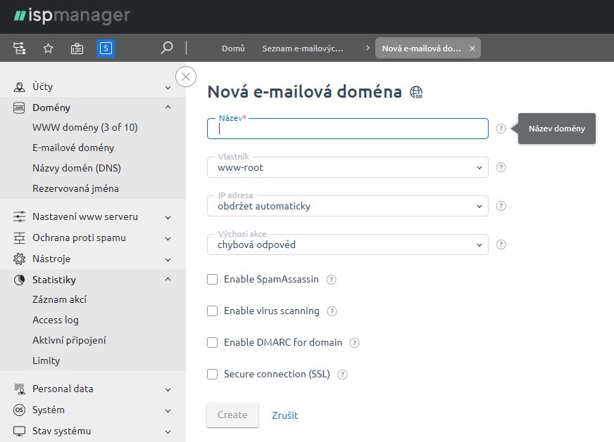 Screenshot: vytvoření nové e-mailové domény