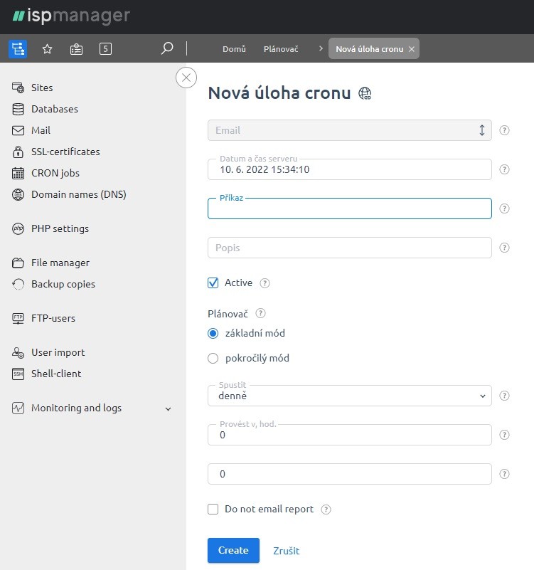 Screenshot: nastavení plánovače (cron) v ISPmanageru