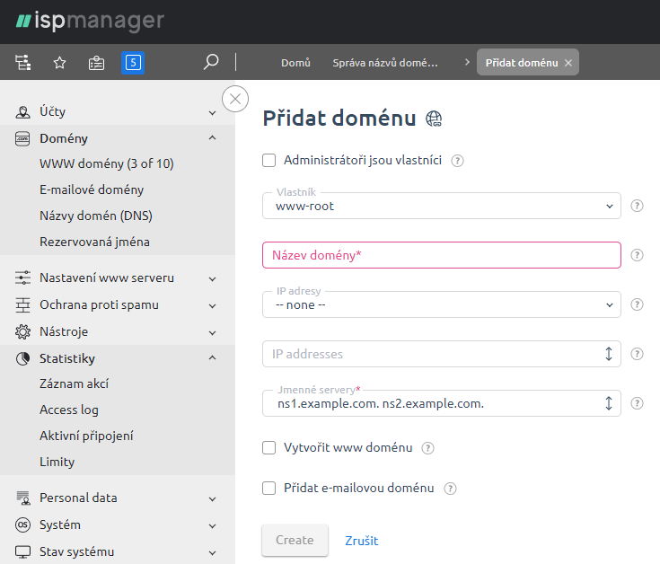 Screenshot: přidání nové domény