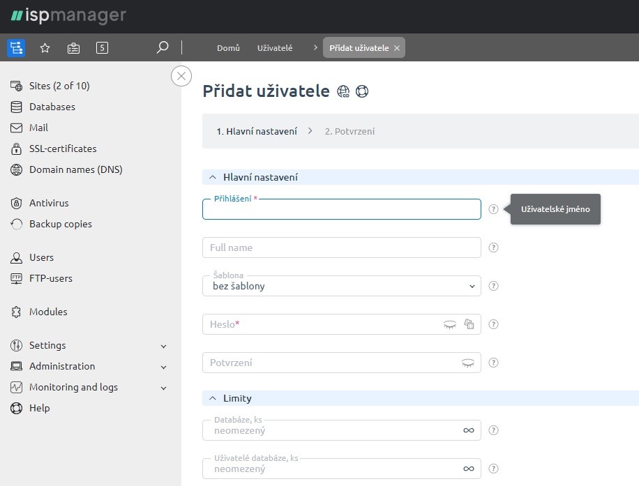 Sekce "Přidat uživatele" v ovládacím panelu ISPmanager
