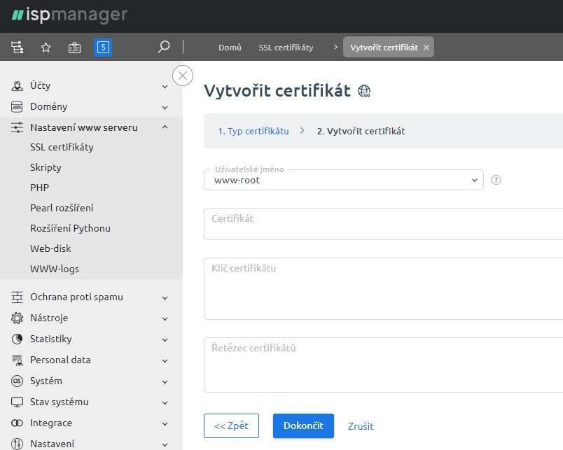 Screenshot: vytvoření SSL certifikátu v ISPmanageru