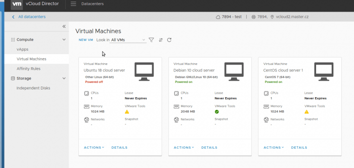 Screen – Informace o VM ve vCloud Directoru