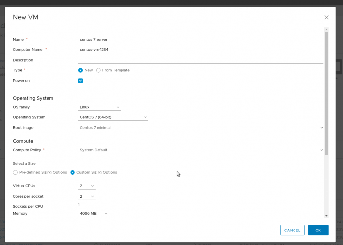 Screen – Vytvoření nového VM ve vCloud Directoru