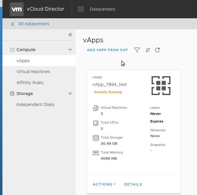 Screen vCloud Director vApps