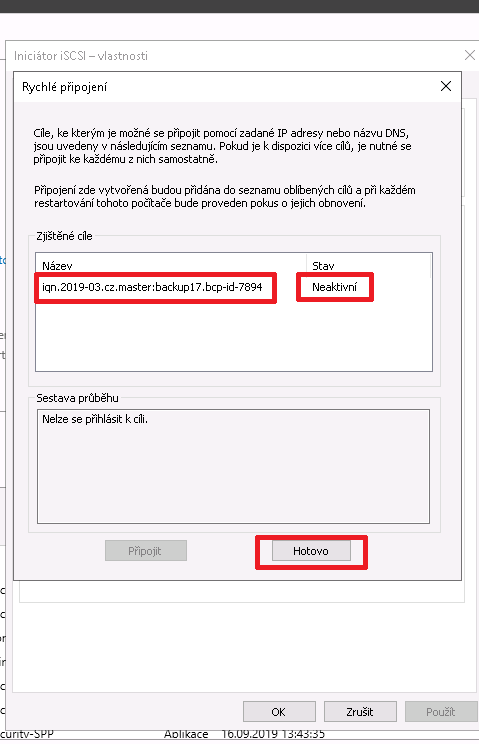 Screen – iSCSI target aktivní připojení