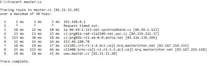 Screen – Jak zjistit cestu k cílové IP adrese pomocí traceroute ve Windows