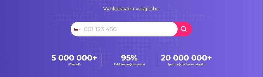 Printscreen z webu BlockSpamCalls.com – vyhledávání volajícího