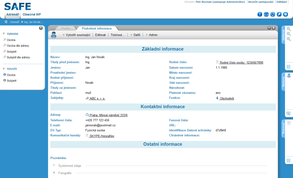 Ukázka z podrobného adresáře osoby v SafeCube