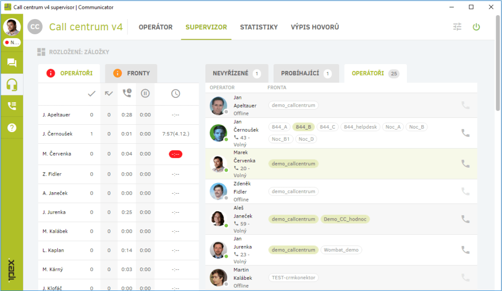 Ukázka panelu supervizora v aplikaci Ipex