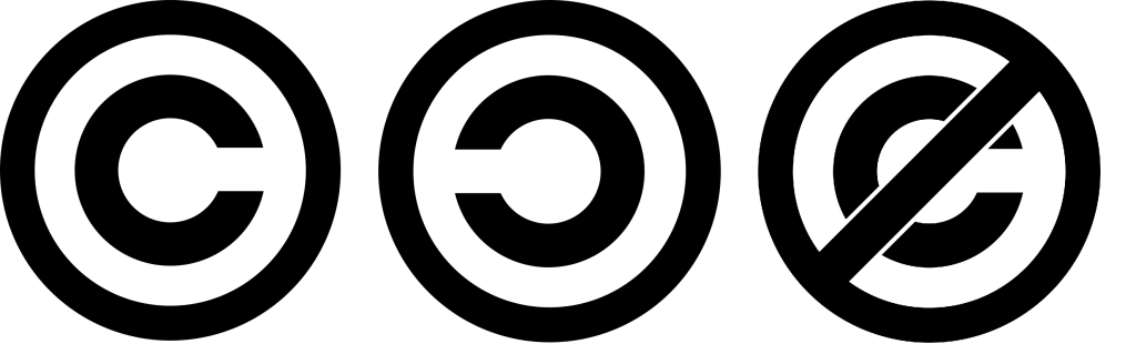 Copyright – C v kroužku, Copyleft – obrácené C v kroužku, Anti-copyright – přeškrtnuté C v kroužku