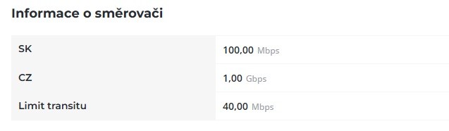 Screenshot sekce Informace o směrovači v Zákaznické administraci.