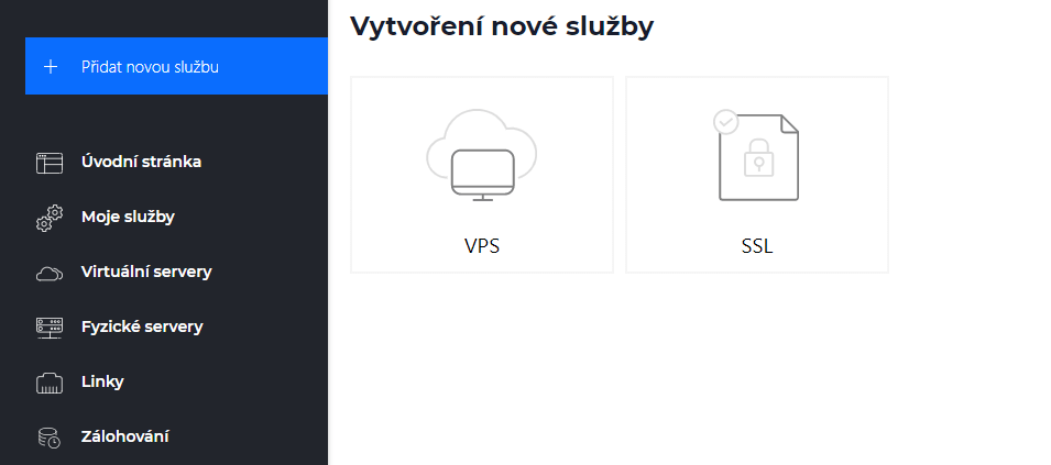 Obrazovka zřízení nové služby – volba VPS nebo SSL certifikátu