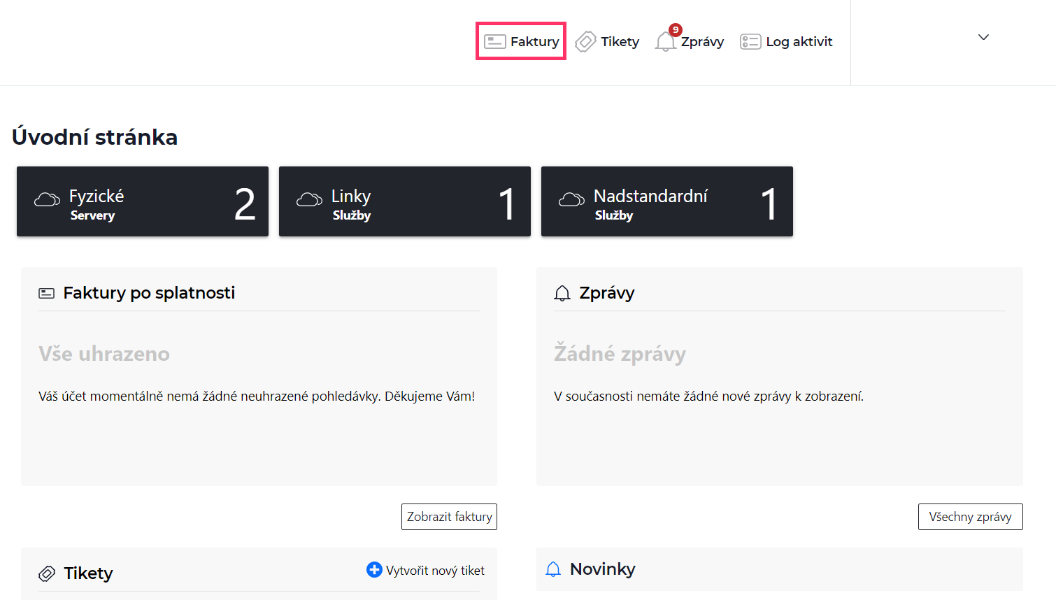 Screenshot, výběr položky Faktury v Zákaznické administraci
