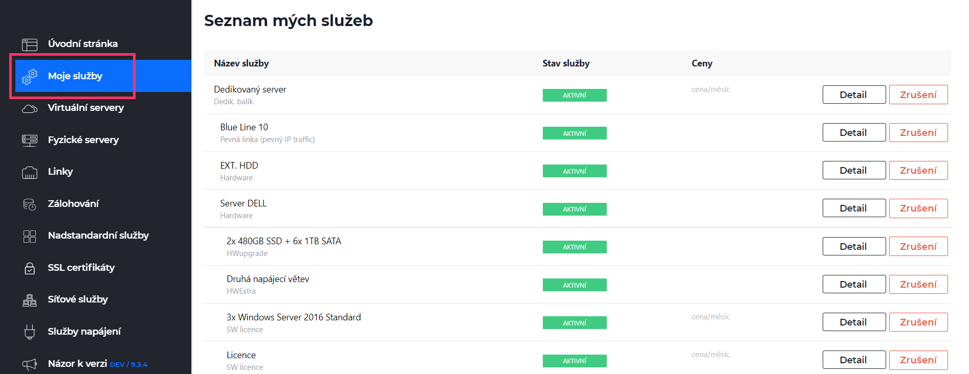 Screenshot – výběr položky Moje služby v Zákaznické administraci