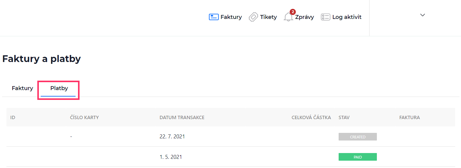 Screenshoty – výběr položky Platby v Zákaznické administraci