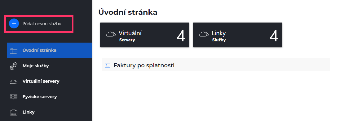 Screenshot – jak přidat novou službu v Zákaznické administraci