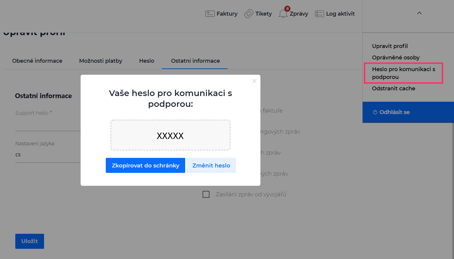 Screenshot – support heslo v Zákaznické administraci