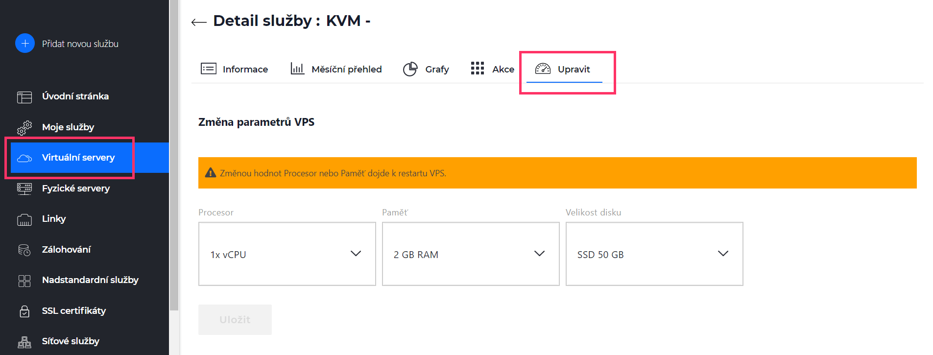 Screenshot – úprava parametrů virtuální serveru v zákaznickém systému