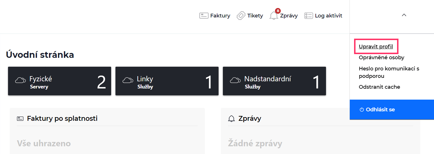 Screenshot – ze zobrazené roletky zvolte první položku Upravit profil.