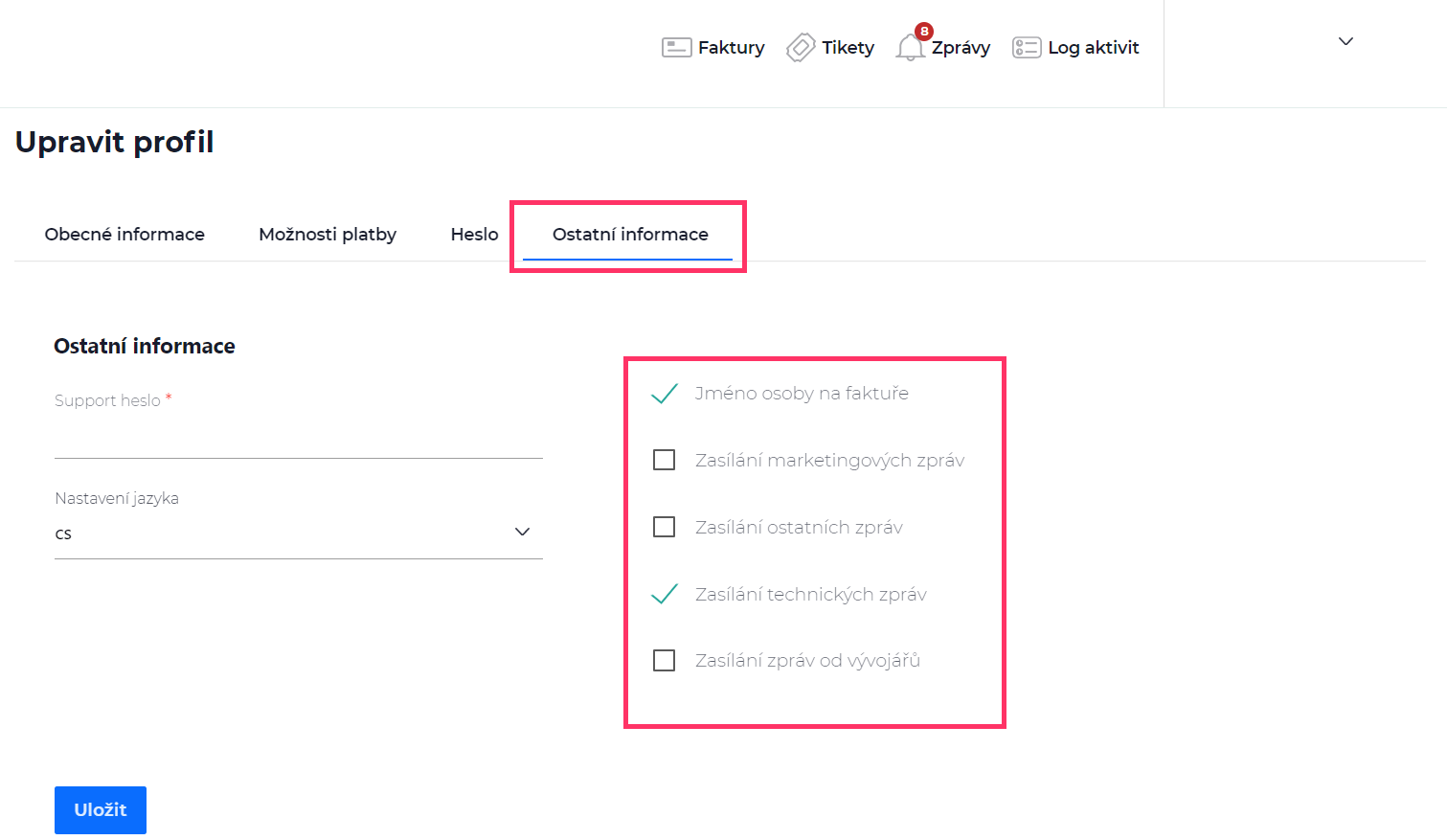 Screenshot – po kliknutí na položku Ostatní informace se zobrazí výběr typů zpráv, které si můžete nechat přeposílat na e-mail