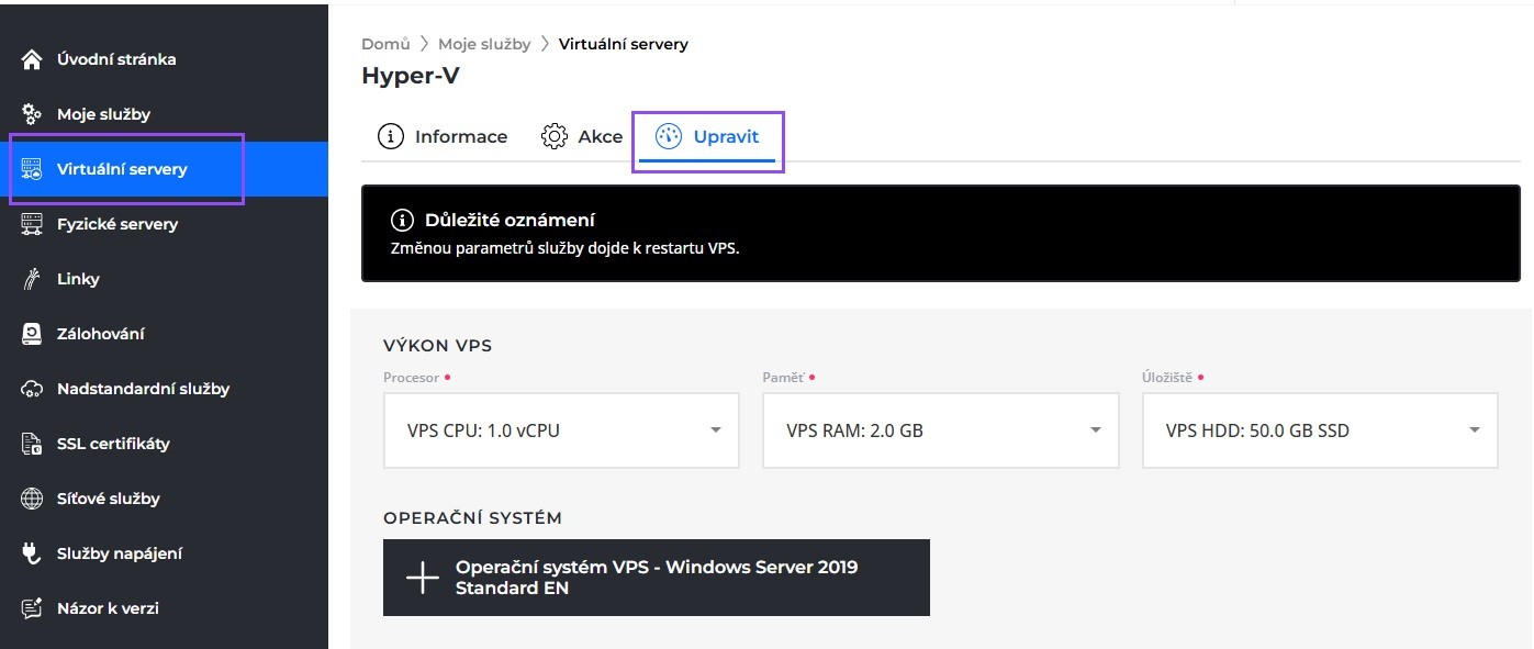 Screenshot sekce s nastavením parametrů serveru v Zákaznické administraci.