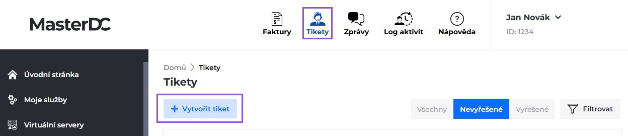 Screenshot tlačítka Vytvořit tiket, které se zobrazí po kliknutí na položku Tikety v horním menu.