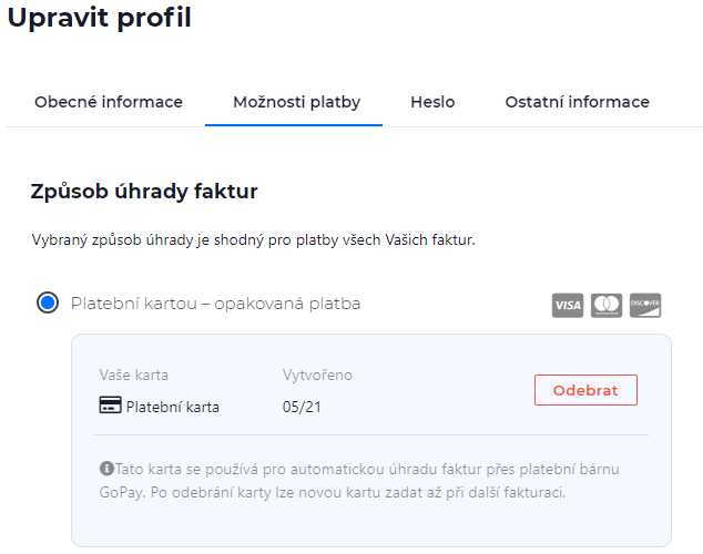 Screenshot úpravy údajů o platební kartě v Zákaznické administraci