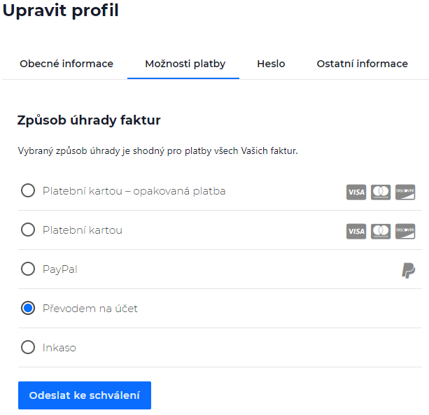 Ukázka úpravy způsobu úhrady faktur v Zákaznické administraci