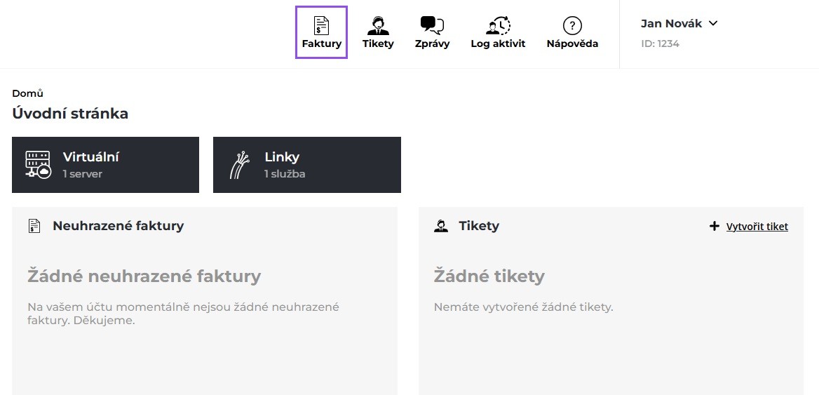 Screenshot výběru možnosti Faktury z hlavního horního menu.