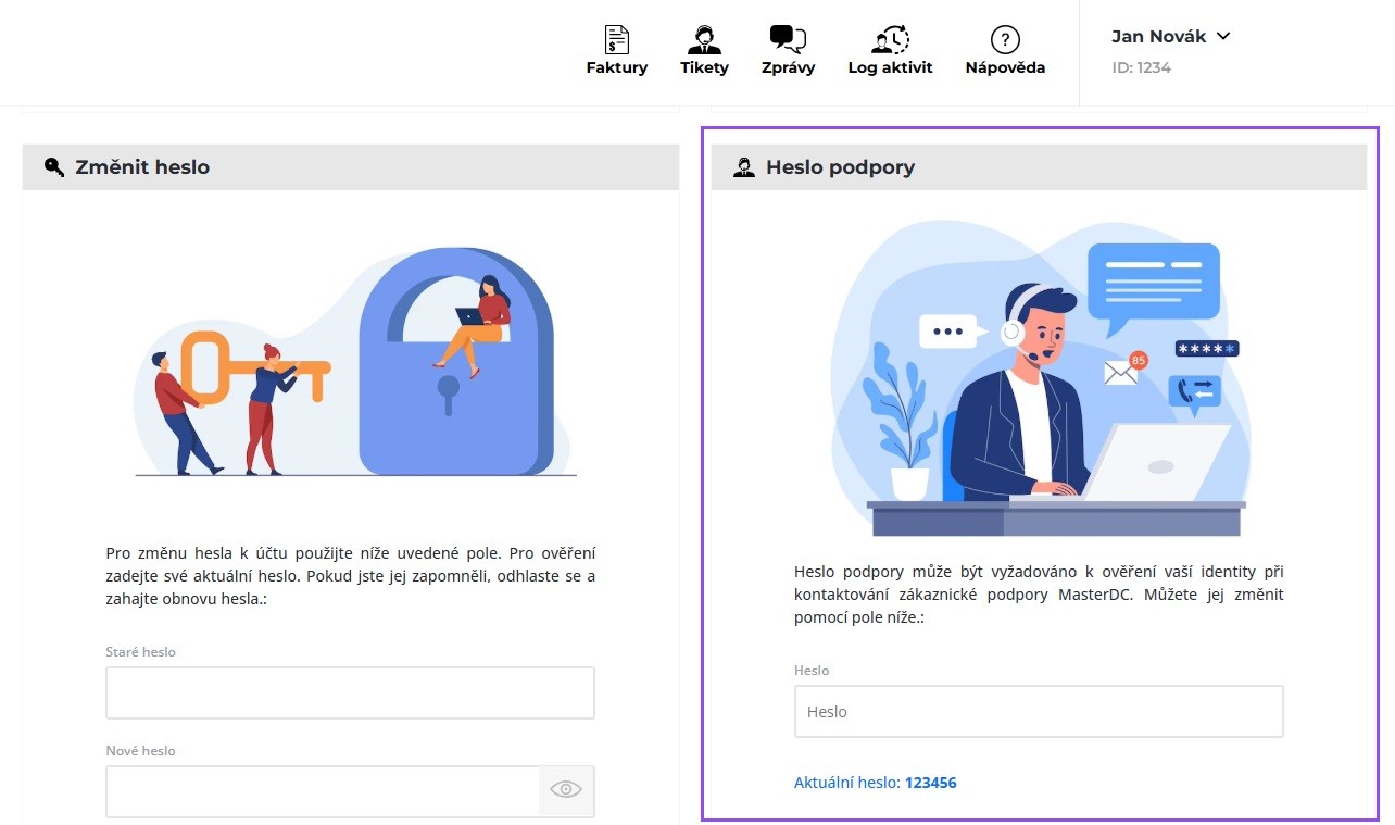 Screenshot položky Heslo podpory v Zákaznické administraci.