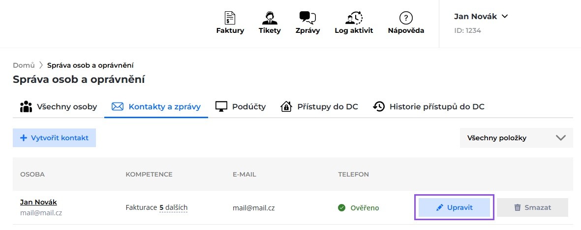 Screenshot možnosti Upravit pro editaci kontaktu v záložce Kontakty a zprávy v sekci Správa osob a oprávnění.