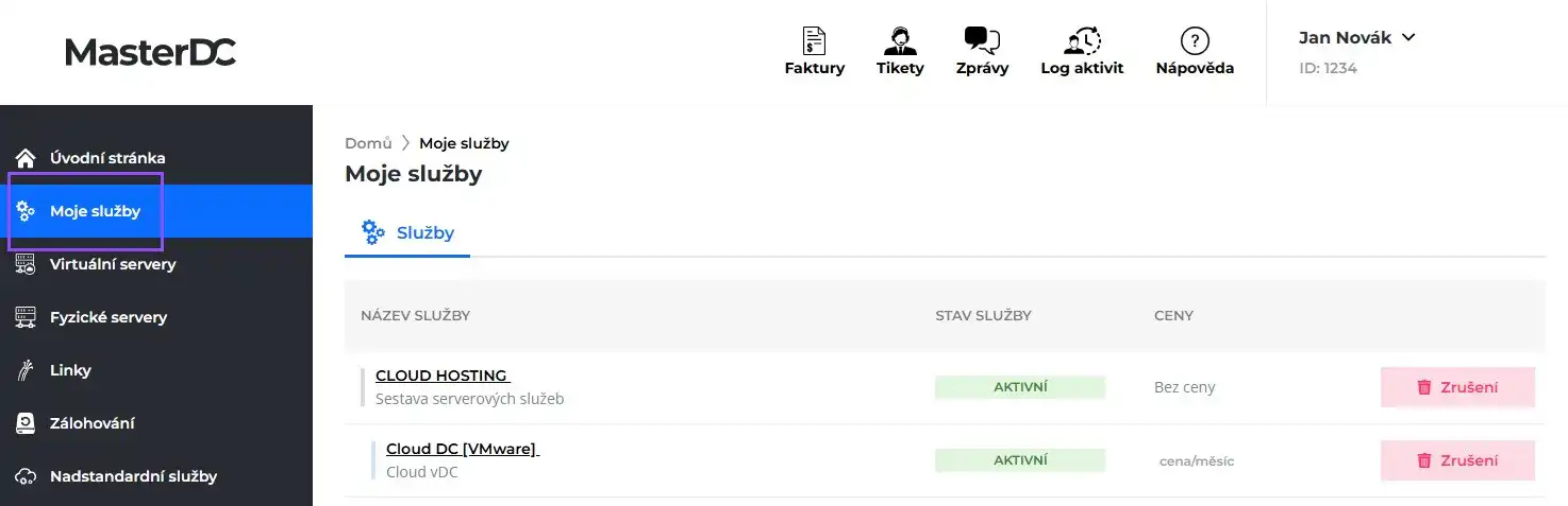 Screenshot výběru položky Moje služby z bočního menu.