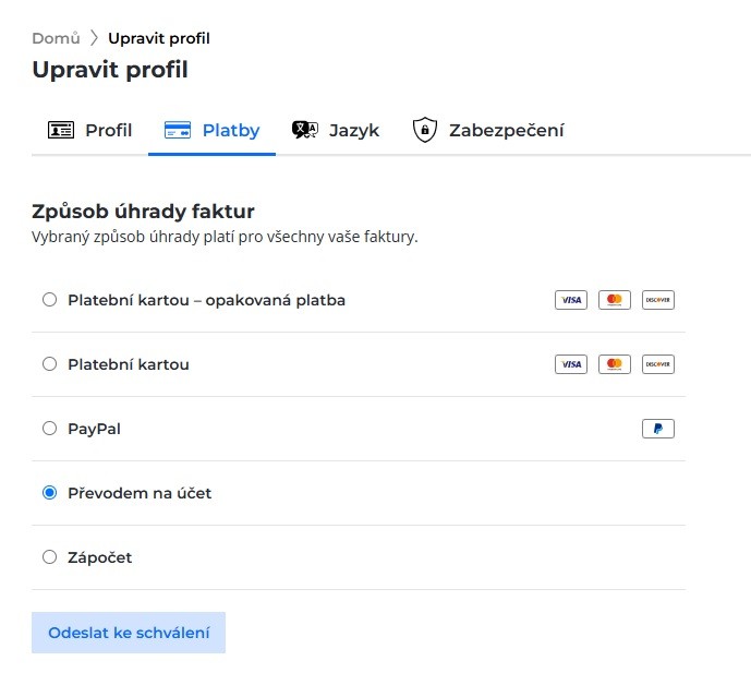 Screenshot výběru možností plateb v sekci Upravit profil, záložka Platby.