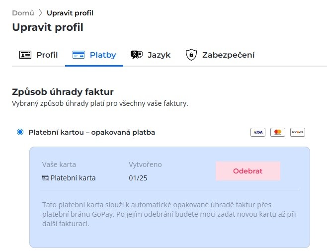 Screenshot nastavení opakované platby pro úhradu faktur v Zákaznické administraci.