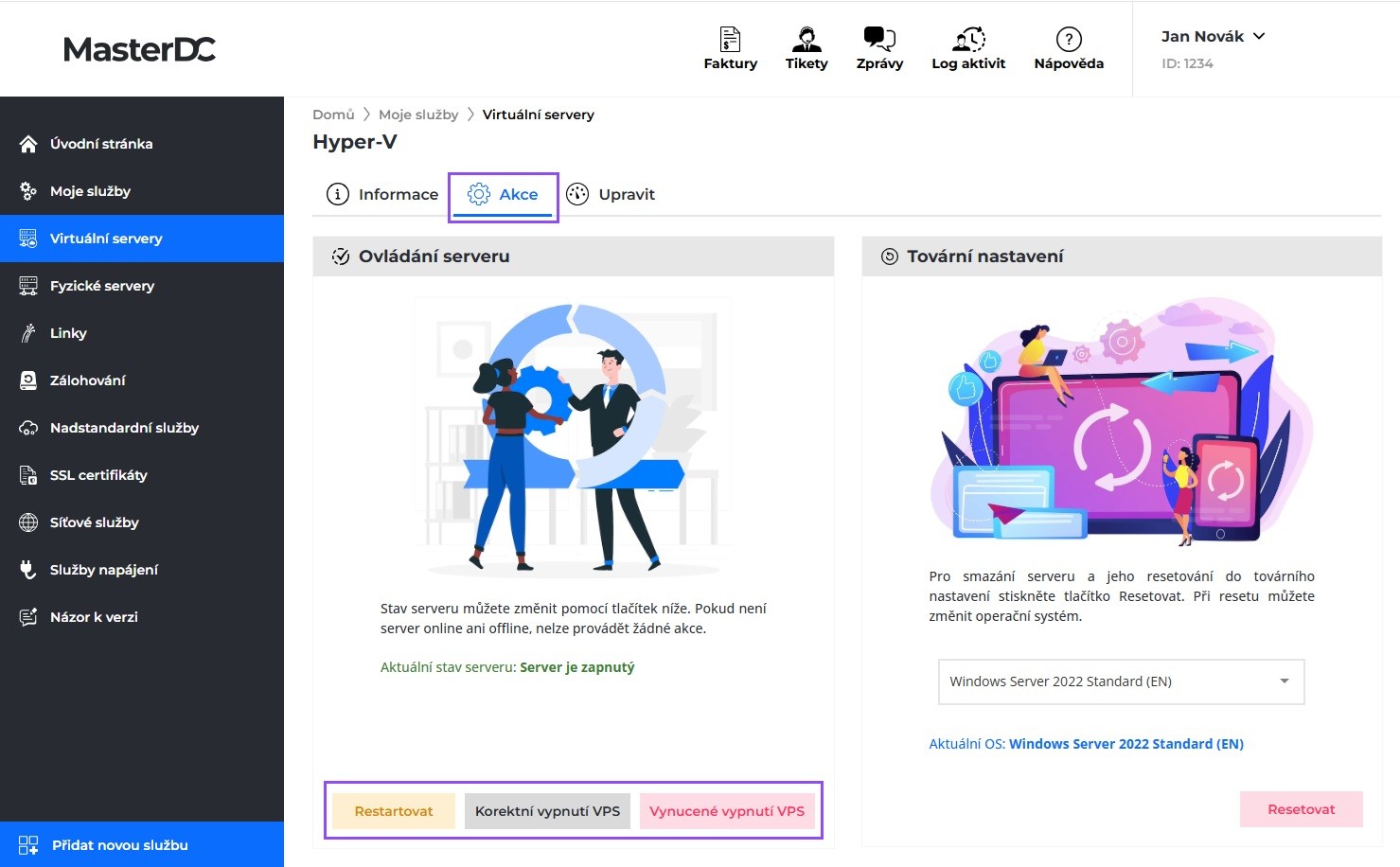 Screenshot výběru záložky Akce v detailu služby, v tomto případě Virtuálního serveru.