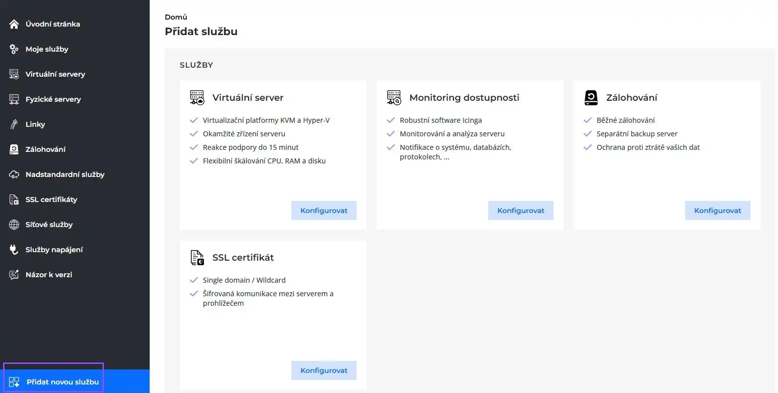Screenshot výběru a přidání nové služby v Zákaznické administraci.