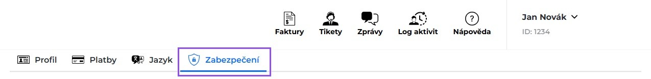 Screenshot záložky zabezpečení v Zákaznické administraci.