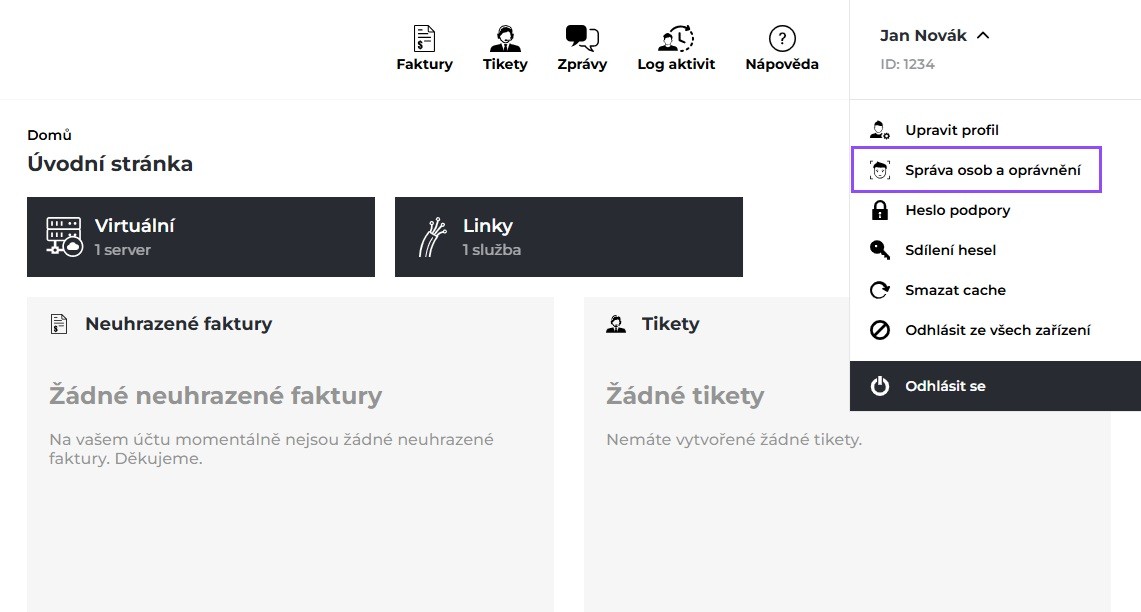Screenshot výběr položky Správa osob a oprávnění z rozbalovacího menu.