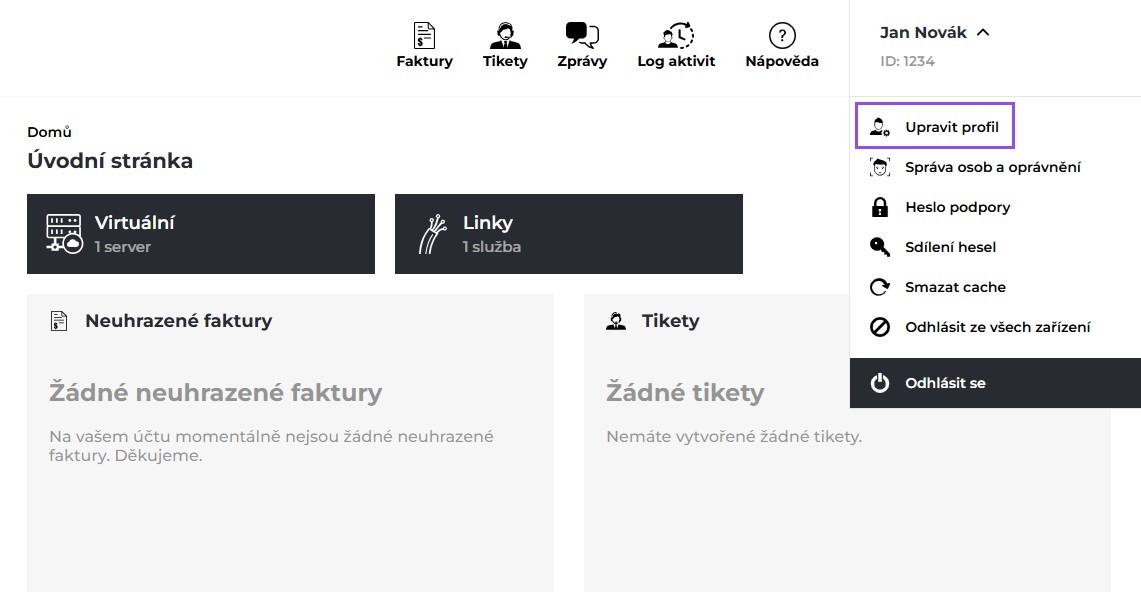 Screenshot výběru položky Upravit profil z rozbalovacího menu.