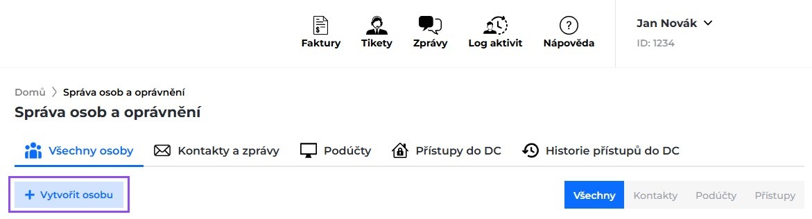 Screenshot tlačítka Vytvořit osobu v záložce Všechny osoby sekce Správa osob a oprávnění.