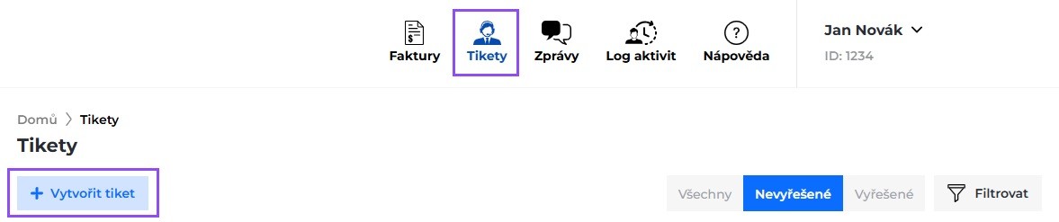 Screenshot tlačítka Vytvořit tiket, které se zobrazí po kliknutí na položku Tikety v horním menu.