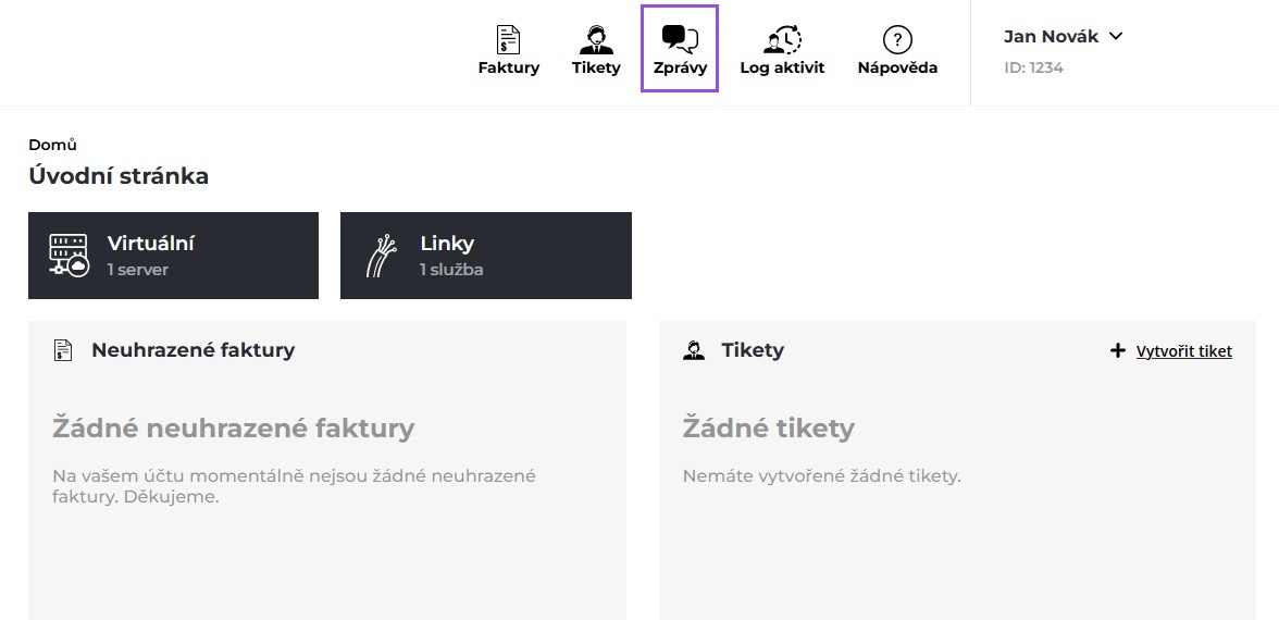 Screenshot výběru položky Zprávy z hlavního horního menu.