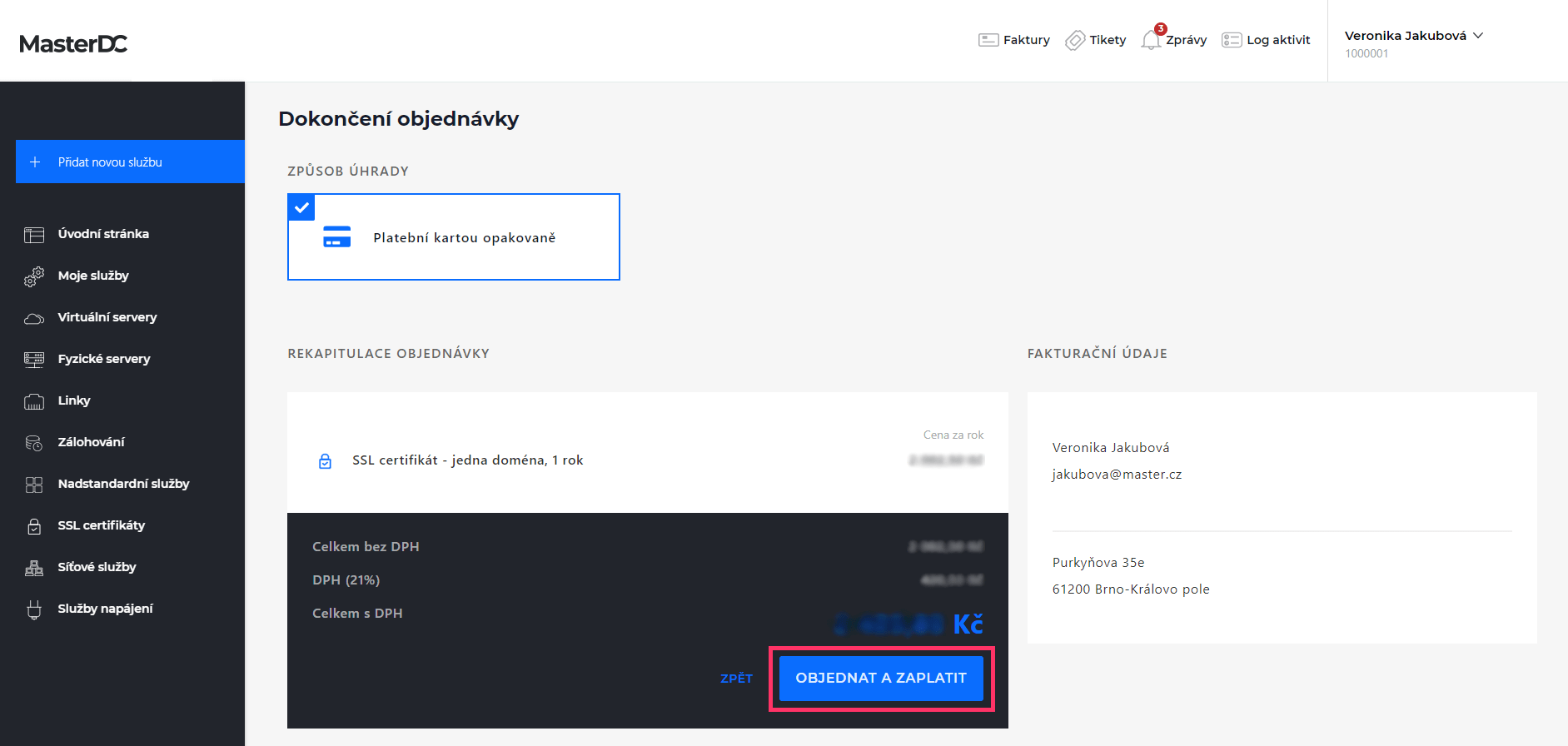 Screenshot – dokončení objednávky certifikátu v Zákaznické administraci