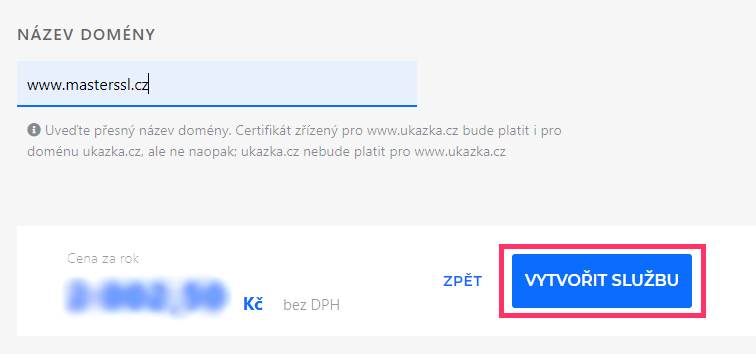 Screenshot – vytvoření certifikátu v Zákaznické administraci
