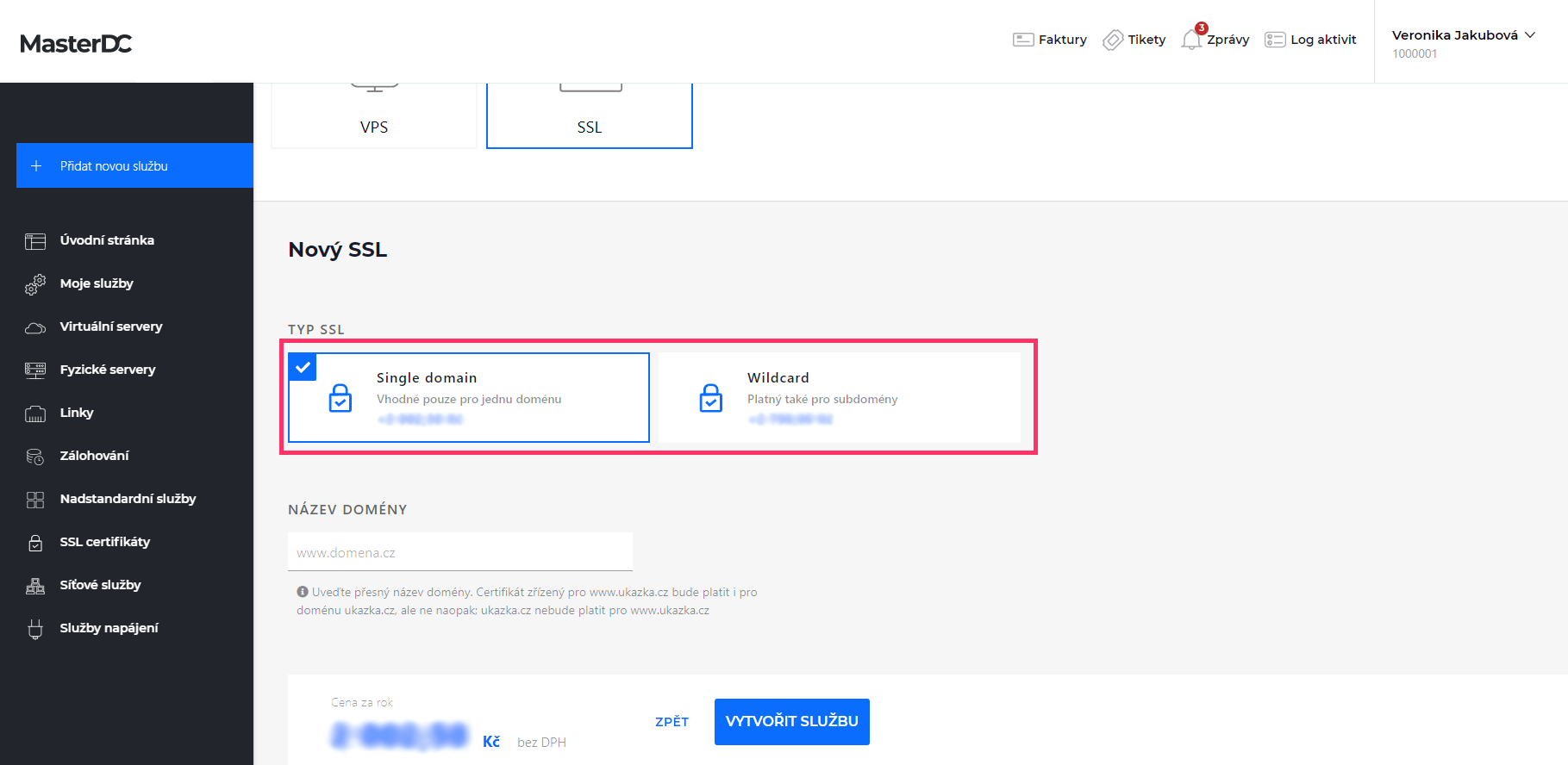 Screenshot – výběr certifikátu v Zákaznické administraci