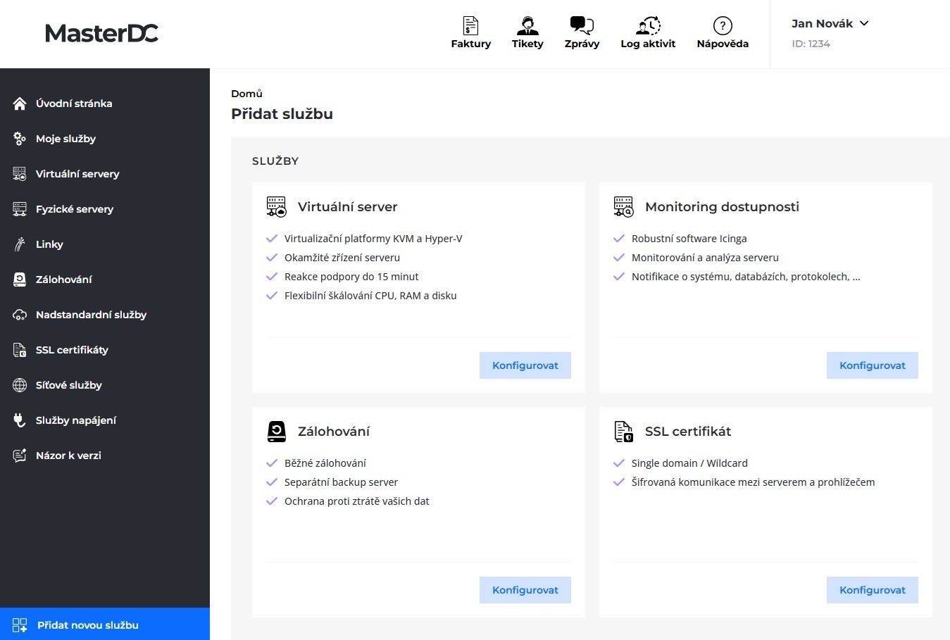 Screenshot nabídky služeb k online zřízení v Zákaznické administraci.