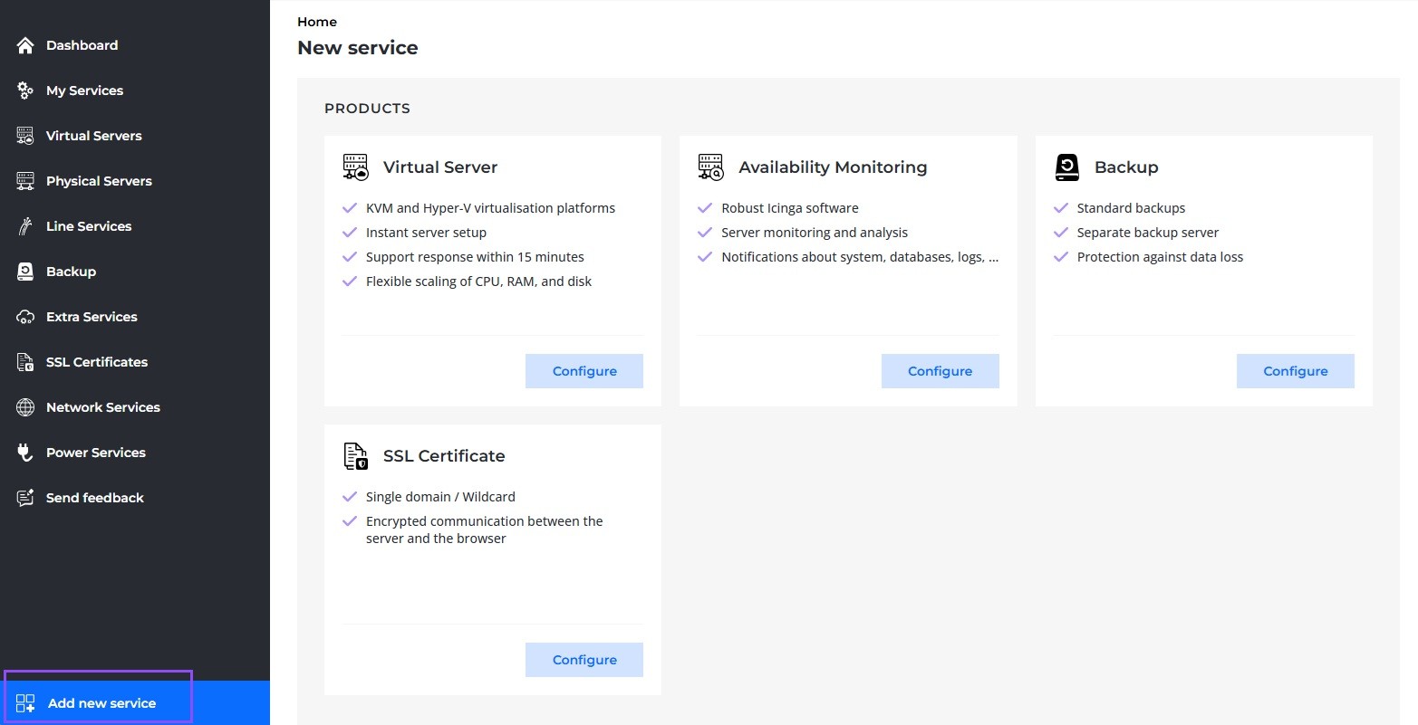 Screenshot of Add new service button in left hand side menu.